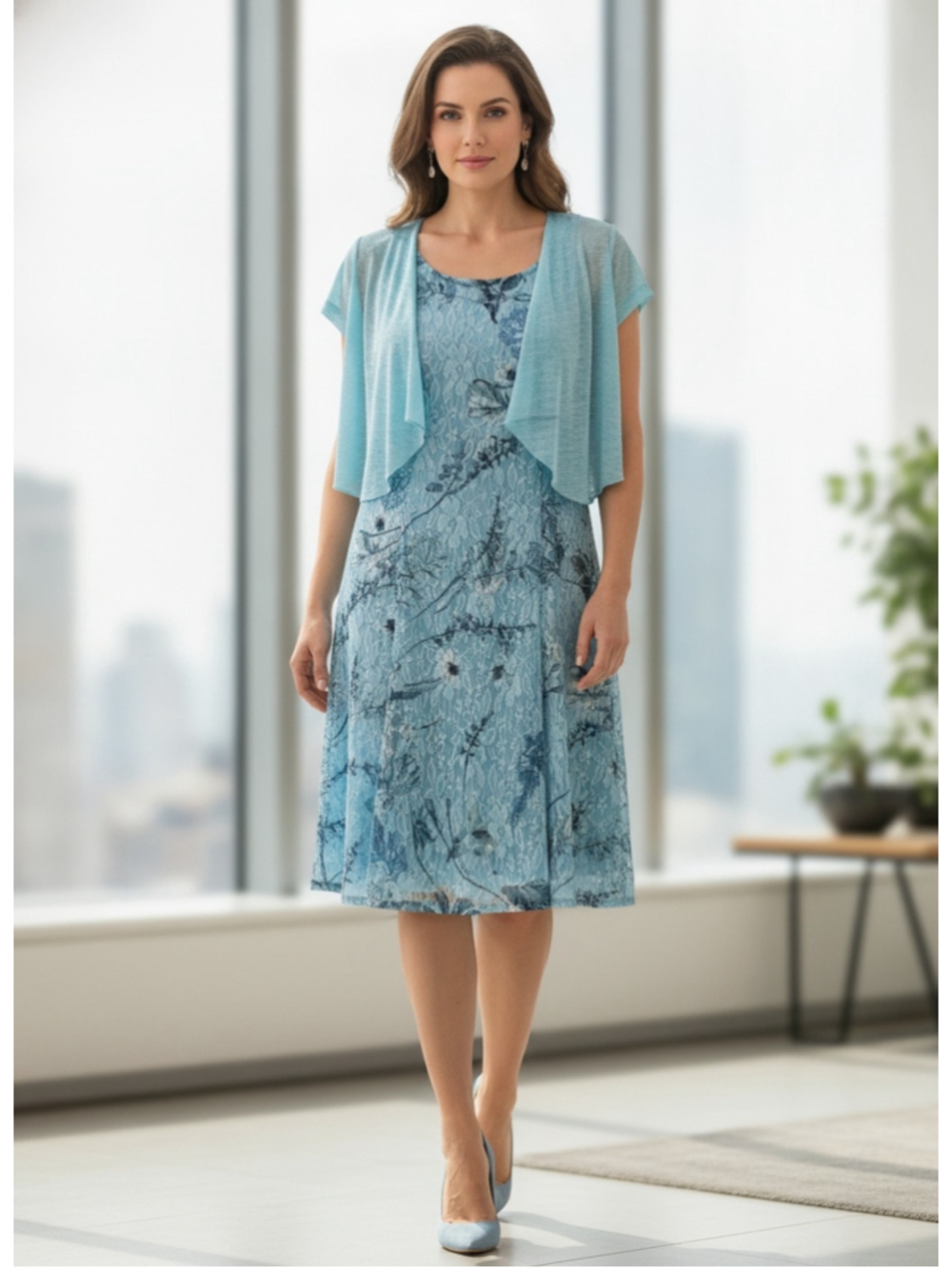Perceptions Midi Dress with Shrug Set Women's Size PM Turquoise NWT